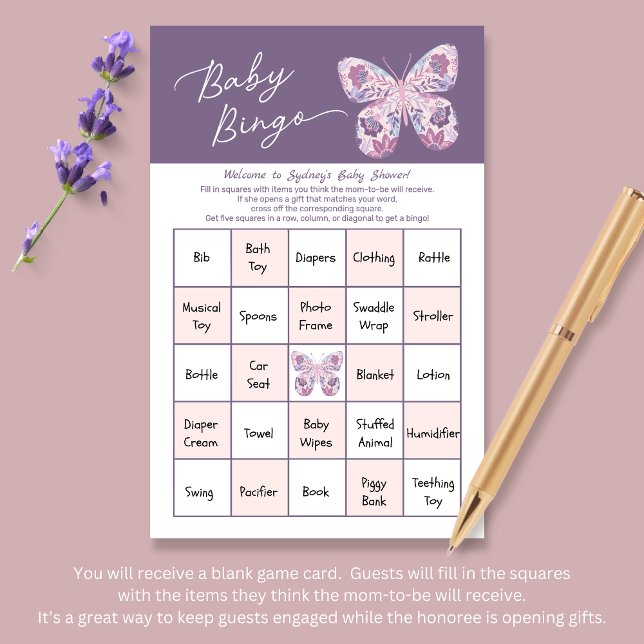 Carte de jeu Pink Purple Butterfly Baby Bingo (Shown at 5.5" x 8.5" size)