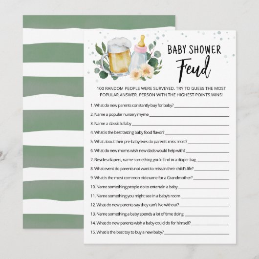 Carte de jeu rose de Baby Shower Feud de Greenery (Devant / Derrière)