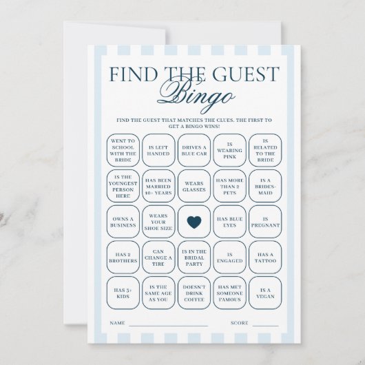 Carte de jeu 'Trouvez l'invitée' à rayures bleues (Devant)