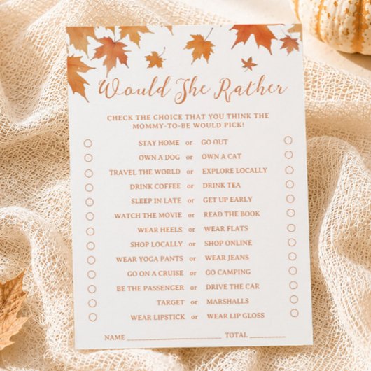 Carte de jeu 'Would She Rather' pour Baby Shower d