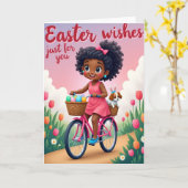 Carte de joie de Pâques à vélo rose (Fleur jaune)