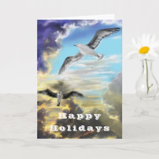 Carte de Joyeuses Vacances avec oiseaux volants (Petite plante)