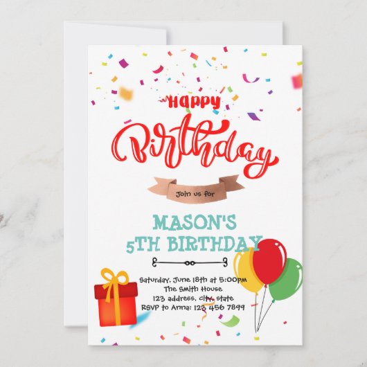 Carte de joyeux anniversaire avec ballon, confetti (Devant)
