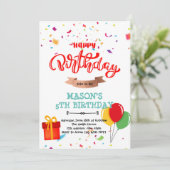 Carte de joyeux anniversaire avec ballon, confetti (Debout devant)