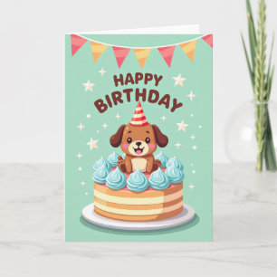 Carte de joyeux anniversaire avec gâteau et chiot