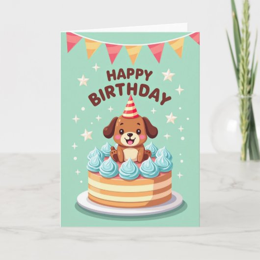 Carte de joyeux anniversaire avec gâteau et chiot (Devant)