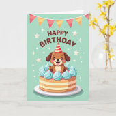 Carte de joyeux anniversaire avec gâteau et chiot (Fleur jaune)