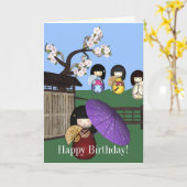Carte de joyeux anniversaire de poupées de Kokeshi (Fleur jaune)