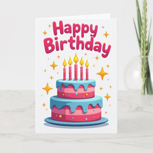 Carte de Joyeux Anniversaire Rose Bleu Gâteau (Devant)
