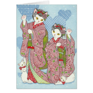 Carte de kimono de chats de danse de Maneki Neko