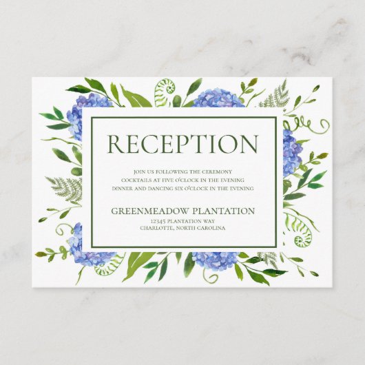Carte de la réception de mariage Blue Hydrangeas (Devant)
