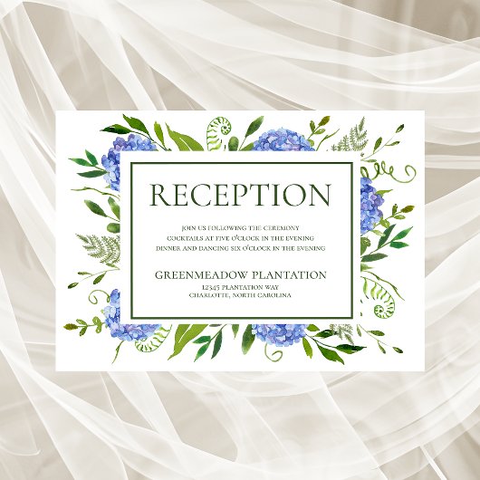 Carte de la réception de mariage Blue Hydrangeas