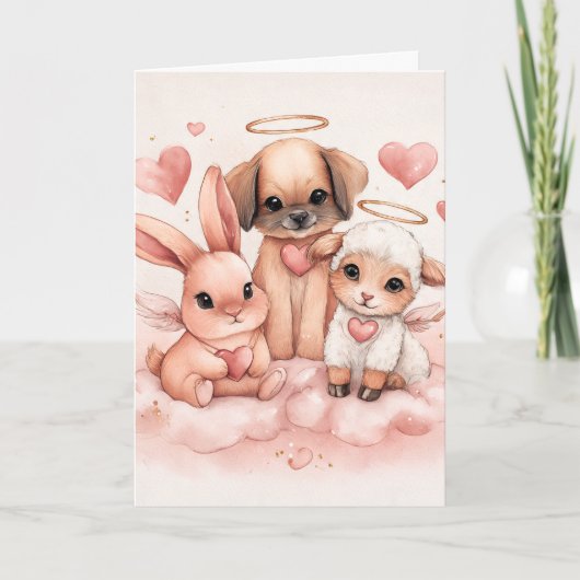 Carte de la Saint-Valentin avec animaux bébé Cupid (Devant)