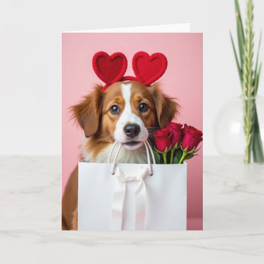 Carte de la Saint-Valentin avec chiot et roses (Devant)