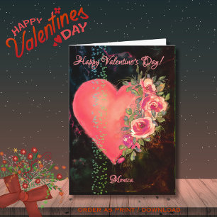 Carte de la Saint-Valentin avec cœur rose et roses