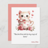 Carte de la Saint-Valentin, chats dans des tasses, (Devant / Derrière)