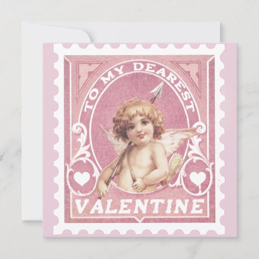 Carte de la Saint-Valentin Cupidon Rose Timbre Fêt (Devant)