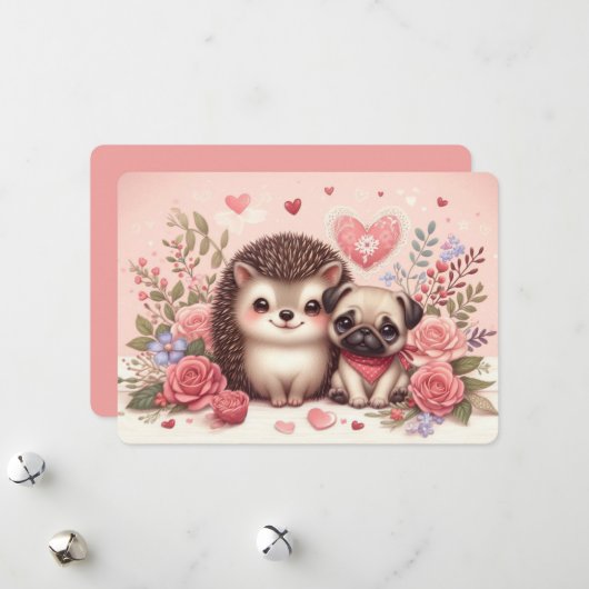 Carte de la Saint-Valentin Hérisson et Pug Adorabl (Devant/Arrière en situation)