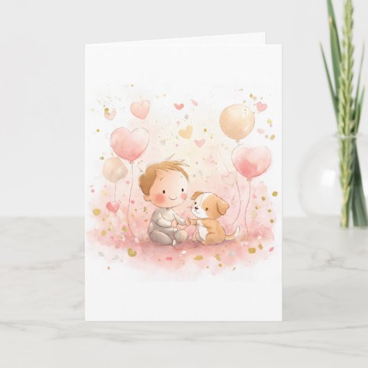 Carte de la Saint-Valentin pour bébé et chiot | Aq (Devant)
