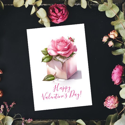 Carte de la Saint-Valentin Rose rose dans une boît
