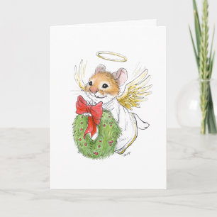 Carte de la souris ange de Noël avec couronne