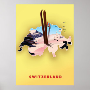 Carte de la Suisse Affiche de voyage de ski.