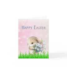 Carte de Lapin de Pâques avec Fleurs Roses et Bleu