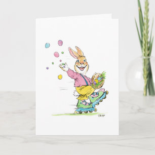Carte de lapin de Pâques en patins à roulettes