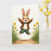 Carte de Lapin Joyeux Sautant (Fleur jaune)