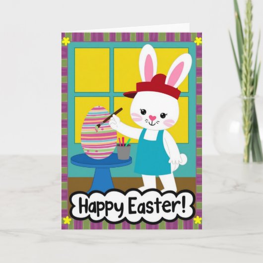Carte de lapin peignant un œuf heureux (Devant)