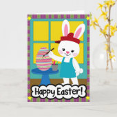 Carte de lapin peignant un œuf heureux (Fleur jaune)