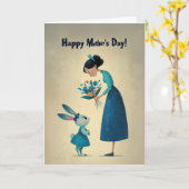 Carte de Lapin Timide Offrant des Fleurs à Maman (Fleur jaune)