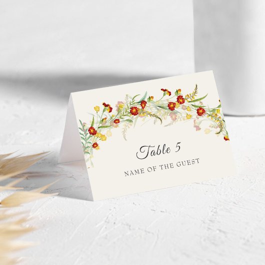 Carte de lieu de mariage à feuillage de souci fleu