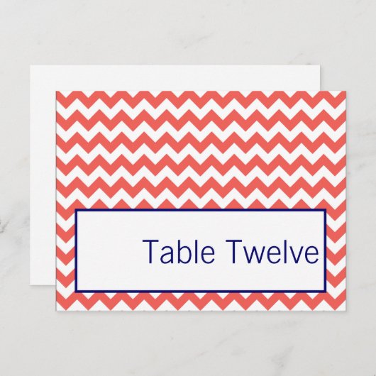 Carte de lieu écrite Coral Navy Blue Chevron Nom (Devant / Derrière)