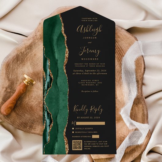 Carte de mariage à code QR vert émeraude foncé