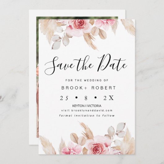 Carte de mariage à conserver avec fleurs et pampas (Devant / Derrière)