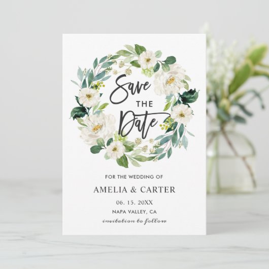 Carte de mariage à couronne florale blanche 'Save  (Debout devant)