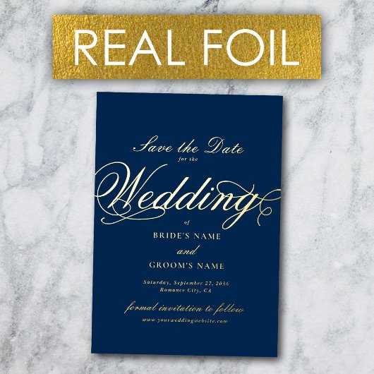 Carte de mariage à feuille d'or véritable Navy Blu