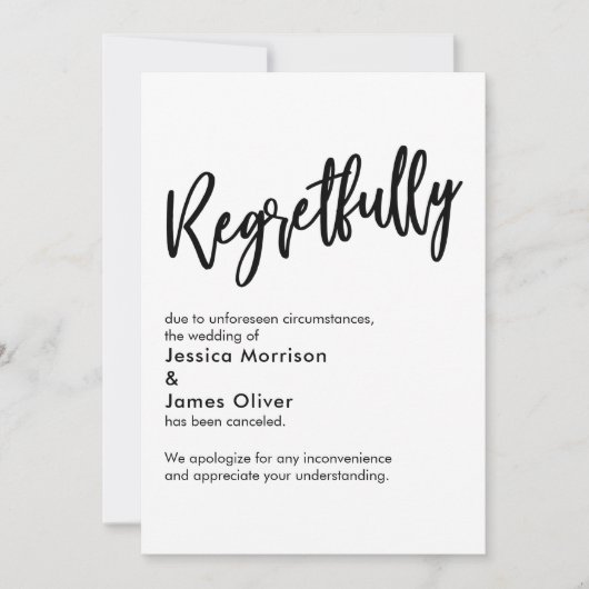 Carte de mariage annulé avec regret Noir Blanc (Devant)
