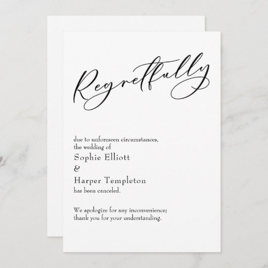 Carte de mariage annulée "Regrettablement" élégant (Devant / Derrière)