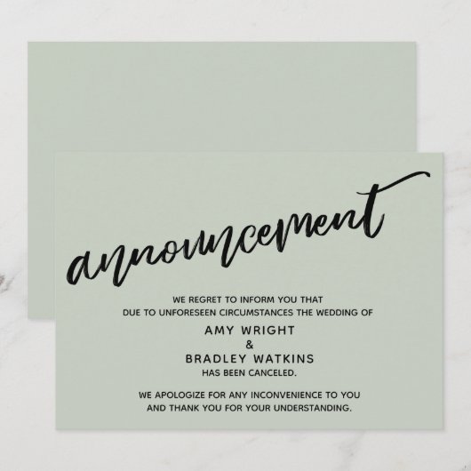 Carte de mariage annulée Sage Modern Handwriting (Devant / Derrière)