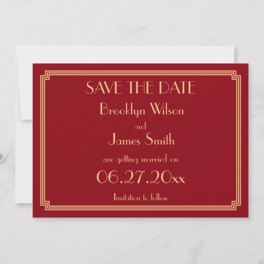 Carte de mariage Art Déco rouge Gatsby Save The Da (Dos)
