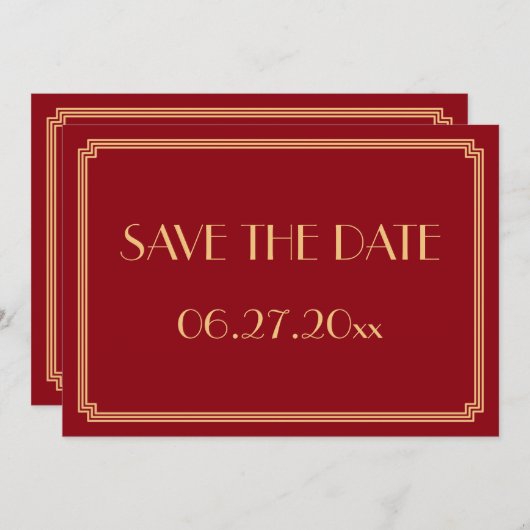 Carte de mariage Art Déco rouge Gatsby Save The Da (Devant / Derrière)
