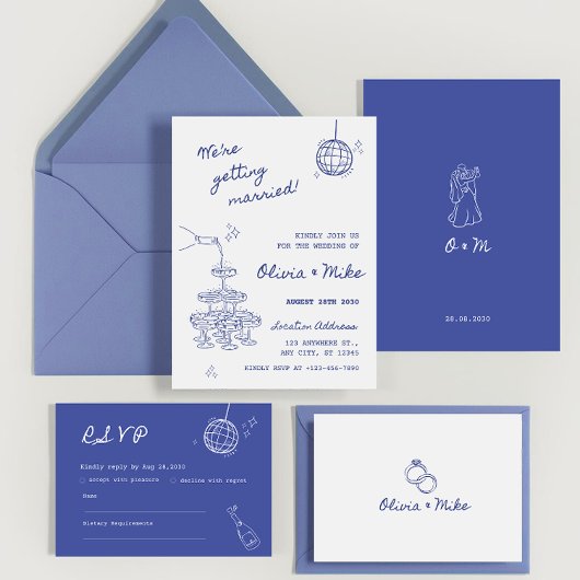 Carte de mariage avec tour de champagne dessinée à