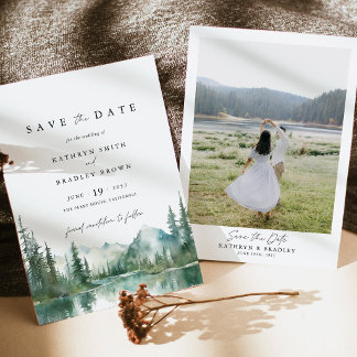 Carte de Mariage Boisée de Lac de Montagne avec Ph