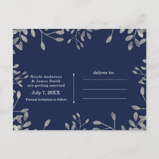 Carte de mariage botanique bleue et argentée à con (Dos)