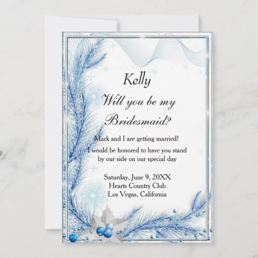 Carte de Mariage Bridesmaid pour Pine Bleue hiver (Devant)