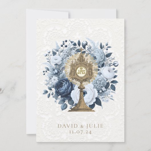Carte de mariage catholique bleue florale Monstran (Devant)