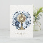 Carte de mariage catholique bleue florale Monstran (Debout devant)