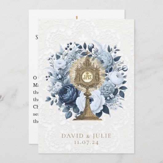 Carte de mariage catholique bleue florale ostensoi (Devant / Derrière)